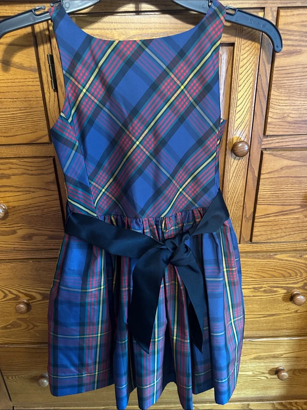 Ralph Lauren Blue Plaid Holiday Dress with Black Sash